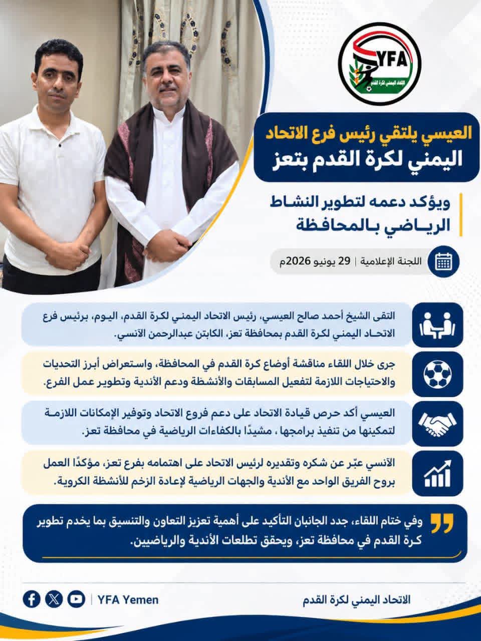 العيسي يلتقي رئيس فرع الاتحاد بتعز ويؤكد دعمه للأنشطة الكروية بالمحافظة 